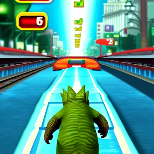 Image similar to small Godzilla running in Subway surfer, in-game shot, coherent like Dall-E 2