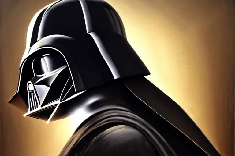 Prompt: darth vader helmet, painting by banksy, chiaroscuro, high detail, perfect artwork, clean lines