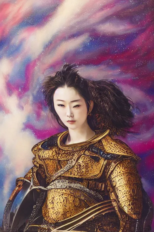 Image similar to hyperrealism oil painting, close - up portrait of medieval fashion model, warrior, steel gradient mixed with nebula sky, in style of baroque mixed with 7 0 s japan book art