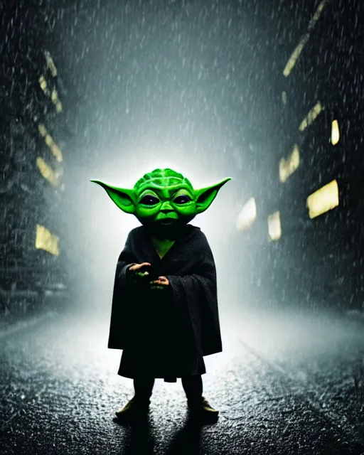 Image similar to epic closeup cinematic still of masked baby yoda as batman wearing batman costume with batcape as batman in atmospheric rainy alleyway in the style of batman begins, 8 k backlit, rim lighting, dramatic moonlight lighting, beautiful composition aesthetic