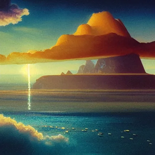 Image similar to beautiful matte painting of golden shores of a blue dreamy ocean, heavenly island in the clouds floating above the ocean, spaceship flying by, towering mountains emerging from the ocean, sci - fi, daylight, blue sky, cinematic lighting, cinematic perspective, syd mead, john harris, federico pelat