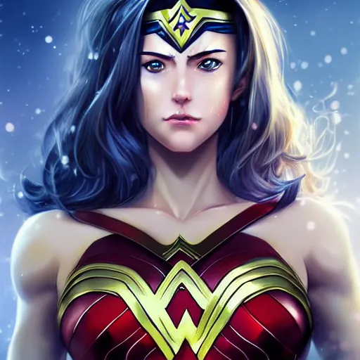 Prompt: A realistic anime wonder woman, digital painting, by WLOP and Rossdraws, digital painting, trending on ArtStation, deviantart