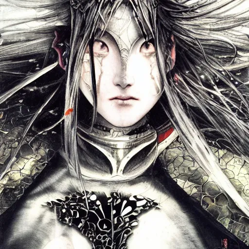 Prompt: yoshitaka amano realistic illustration of an anime girl with wavy white hair and cracks on her face wearing elden ring armour with the cape fluttering in the wind, abstract black and white patterns on the background, noisy film grain effect, highly detailed, renaissance oil painting, weird portrait angle