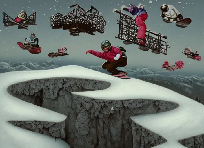 Prompt: snowboarding to another dimension, lowbrow, matte painting, 3 - d highly detailed, in the style of mark ryden,