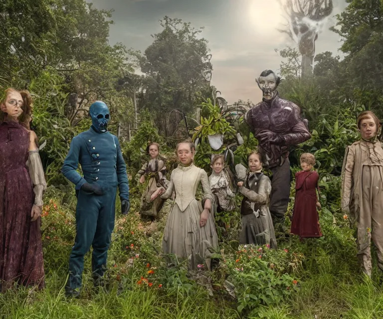 Image similar to still from a sci fi blockbuster movie made in 2022, set in 1860, of a family standing next to some strange wild alien plants and flowers, family are wearing 1850s era clothes, a humanoid alien standing nearby, in a park on a strange alien planet, good lighting, 4k, in focus faces, detailed faces, good photography, oscar winner, 35mm macro lens