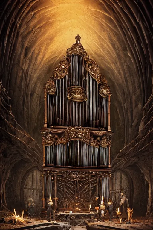 Prompt: epic view of an ornate pipe organ on a pile of bones in a vaulted cavern with torches, hyper real, Indiana Jones, Tomb Raider, trending on artstation, concept art, cinematic, jewels, by Greg Rutkowski, caravaggio and vincent di fate