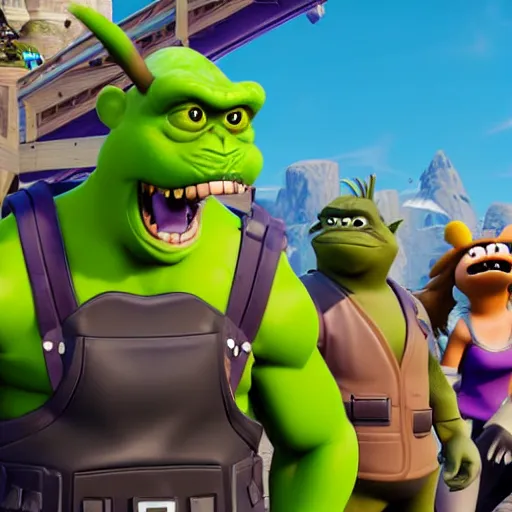 Image similar to fortnite godzilla yoda donkey kong pikachu yeti shrek super mario homer groot waluigi darth vader mike wazowski, highly detailed, extremely high quality, hd, 4 k, 8 k, professional photographer, 4 0 mp, lifelike, top - rated, award winning, cinematic, realistic, detailed lighting, detailed shadows, sharp, no blur, edited, corrected, trending