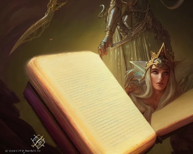 Prompt: close up of a dusty spell book, deep focus, d & d, fantasy, intricate, elegant, highly detailed, digital painting, artstation, concept art, matte, sharp focus, illustration, hearthstone, art by artgerm and greg rutkowski and alphonse mucha