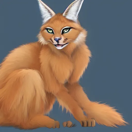 Prompt: cute fluffy caracal in pants, facing the camera, anime art style, portrait, high detail, sharp focus, digital painting, artstation, art by hayao miyazaki.