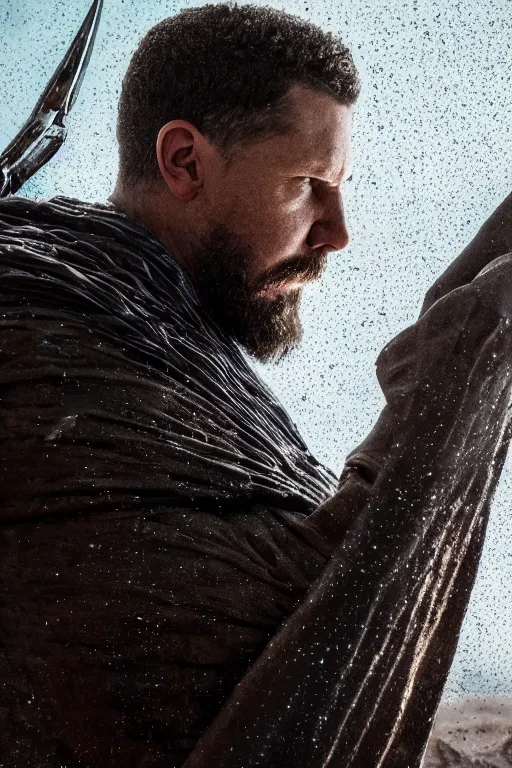 Prompt: portrait of Gavin Mcinnes in the Black Panther, close-up, sigma male, rule of thirds, award winning photo, highly detailed features, raining, ethereal lighting, Egypt Pyramid backdrop