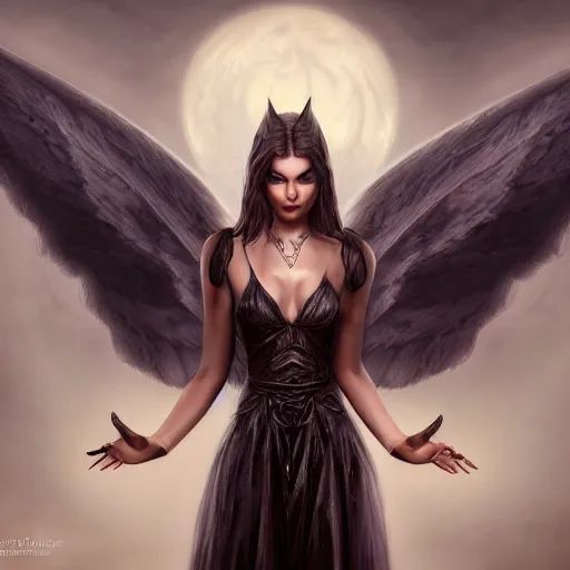 Prompt: perfectly - centered - portrait - photograph of an evil fallen angel wearing a dress, the perfect human female specimen, intricate, elegant, super highly detailed, professional digital painting, artstation, concept art, smooth, sharp focus, no blur, no dof, extreme illustration, unreal engine 5, 8 k, by anne stokes