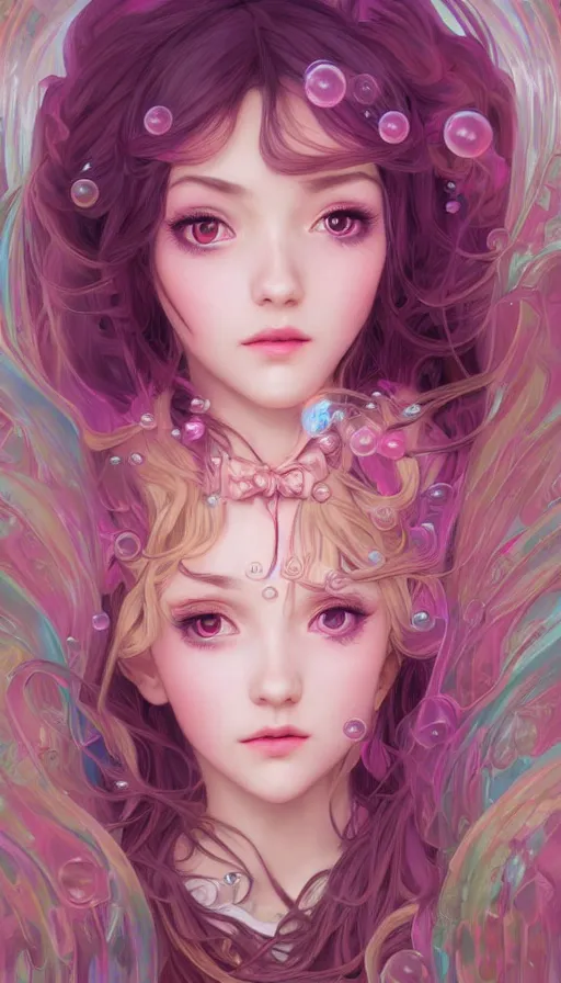 Image similar to portrait of magical lolita girl, dreamy and ethereal, expressive pose, big pink eyes, exciting expression, fantasy, intricate, elegant, many rainbow bubbles, rose tones, highly detailed, digital painting, artstation, concept art,cyberpunk wearing, smooth, sharp focus, illustration, art by artgerm and greg rutkowskiand alphonse mucha