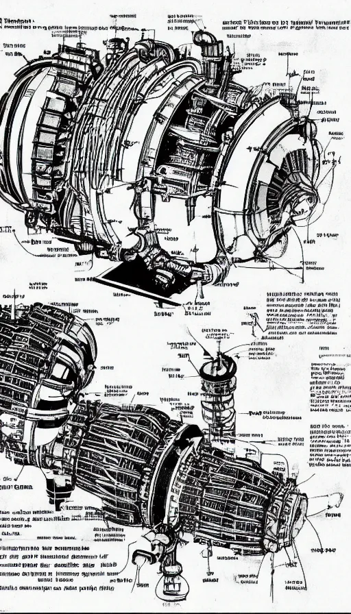 Image similar to technical drawings of 1 9 4 0's nuclear powered spaceship engine