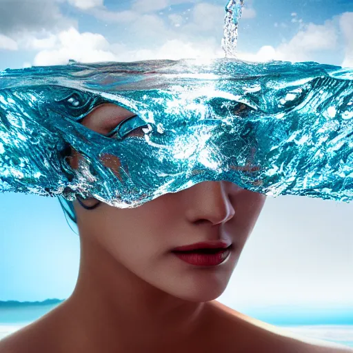 Image similar to water artwork manipulation in the shape of a human head, on the ocean water, beautiful woman, ray tracing, realistic water sharp focus, long shot, 8 k resolution, cinematic, surreal water art