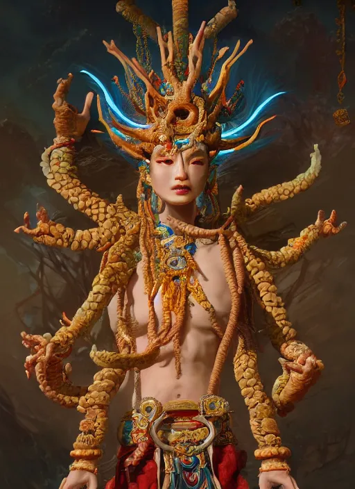 Image similar to Gigantic Deity with 8 arms and aztec accessories and translucent amulets, extremly detailed oil painting, in the style of Fenghua Zhong and Ruan Jia and Jeremy Lipking, rim light, beautiful lighting, mystic, 8k, stunning scene, raytracing, octane, trending on artstation