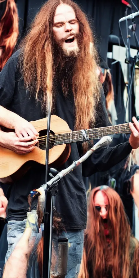 Prompt: satanic hippie man with long dark blonde hair singing on stage