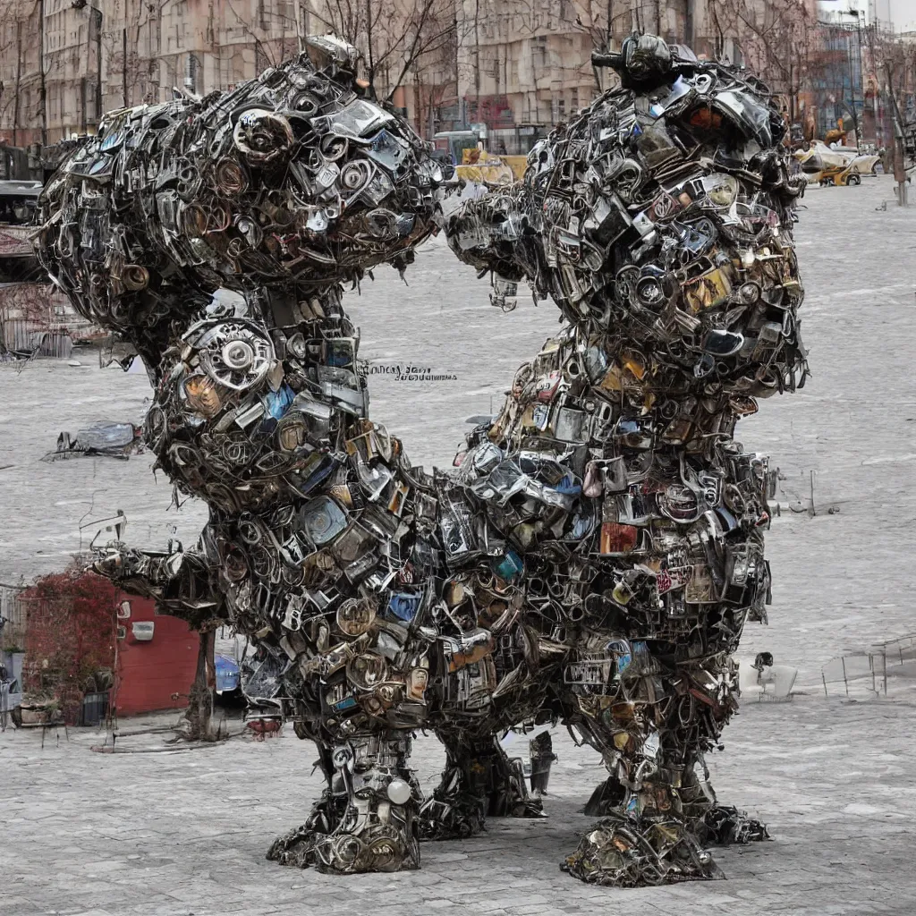 Image similar to big post apocalyptic dog made of junk in moscow