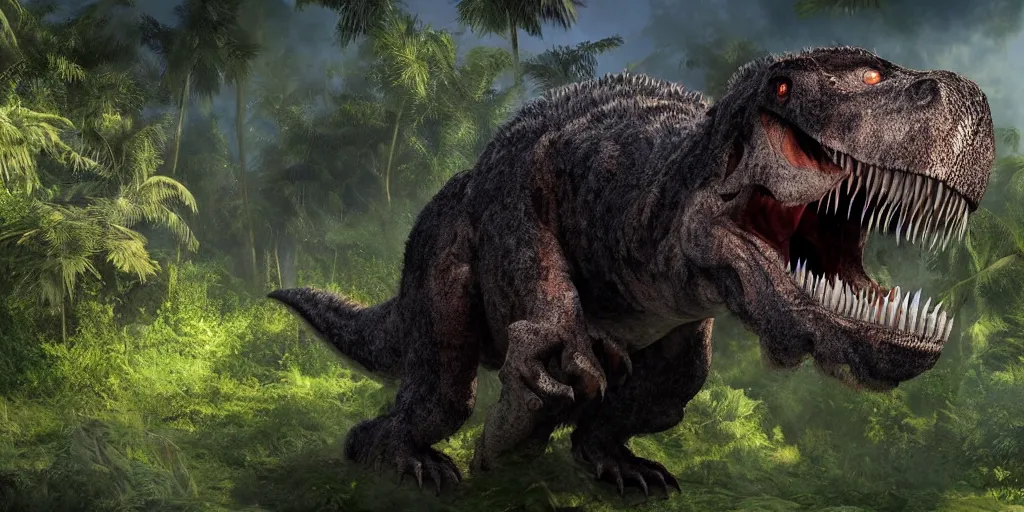 Prompt: photo realism, very fluffy tyrannosaurus rex, jungle background, 4 k, detailed
