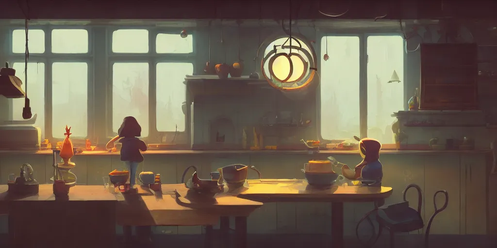 Image similar to cute solitary kitchen dim lit by a candle ripped physique simon stalenhag gerald brom bastien grivet by greg rutkowski, game background, fisheye lens, high angle view