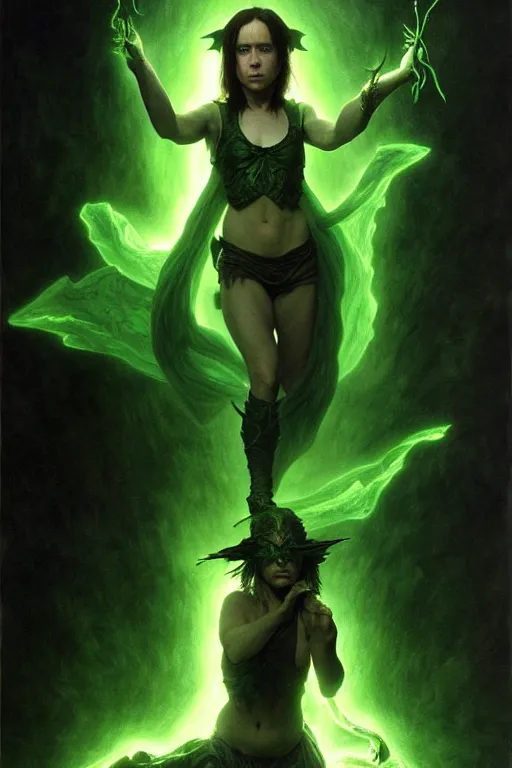 Image similar to ellen page as a dark sorceress casting a green spell, green lighting, fantasy character portrait, ultra realistic, concept art, intricate details, highly detailed by james bama, william adolphe bouguereau and frank frazetta