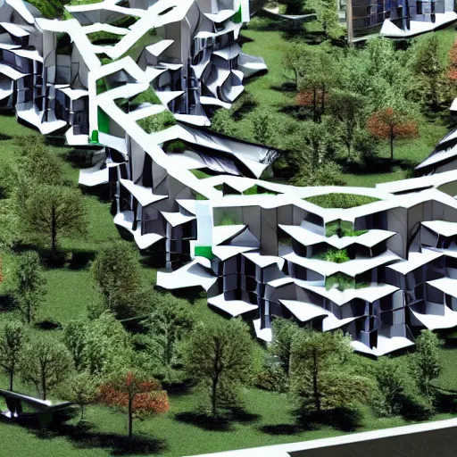 Image similar to origami architecture of a futuristc housing complex, crowded public space, a lot of trees and vegetation, full of sunlight, neighbourhood scale