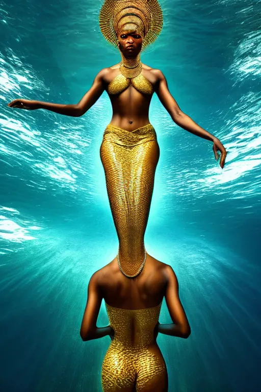 Image similar to hyperrealistic precisionist cinematic half underwater scene very expressive! translucent elegant african goddess full body, gold jewerly, highly detailed face, digital art masterpiece, aykut aydogdu eric zener, dramatic volumetric light, long shot, low angle uhd 8 k, sharp focus