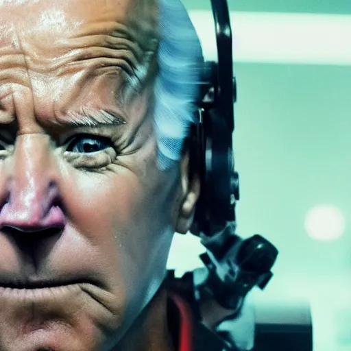 Image similar to joe biden as a cyborg in cyperpunk 2 0 7 7, cybernetic red eye, movie still, cinematic, photorealistic, extreme detail, facial features, sharp focus, 8 k, rain, close up, anamorphic lens, lighting, dark, dystopia, leather coat, atmospheric
