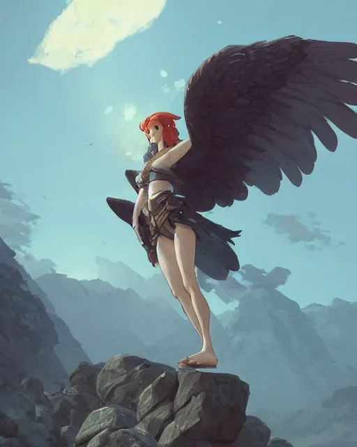 Image similar to a female anthropomorphic eagle warrior standing heroically on a rock. trees. She has two wings at her back. Atmospheric lighting, By Makoto Shinkai, Stanley Artgerm Lau, WLOP, Rossdraws, James Jean, Andrei Riabovitchev, Marc Simonetti, krenz cushart, Sakimichan, D&D trending on ArtStation, digital art.