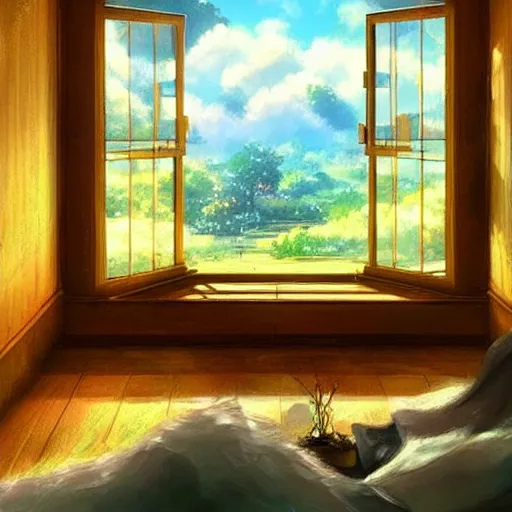 Image similar to a heavenly dream view from the interior of my cozy house from a Makoto Shinkai oil on canvas inspired pixiv dreamy scenery art majestic fantasy scenery cozy window frame fantasy pixiv scenery art inspired by magical fantasy exterior