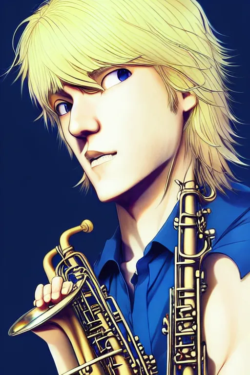 Prompt: wide view of a hippie Blonde Guy Short Hair Sharp fine face playing sax, pretty face, realistic shaded Perfect face, fine details. Anime. by makoto sinkai, katsuhiro otomo ghost in the shell movie scene, magali villeneuve, artgerm, rutkowski
