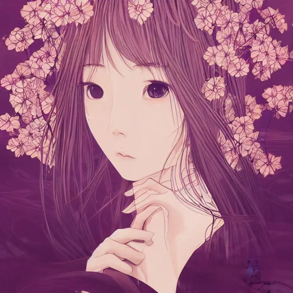 Prompt: landscape， stencil, anime, traditional Japanese, beautiful portrait of a girl surrounded by flowers, half of her body in a lotus pond,by artgerm， by Førtifem, digital art, purple color scheme