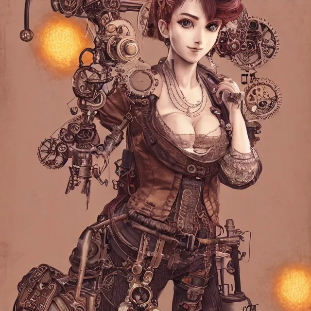 Image similar to the portrait of true neutral semi - colorful female steampunk mechanist as absurdly beautiful, gorgeous, elegant, young gravure idol, an ultrafine hyperdetailed illustration by kim jung gi, irakli nadar, intricate linework, bright colors, octopath traveler, final fantasy, unreal engine 5 highly rendered, global illumination, radiant light, detailed and intricate environment