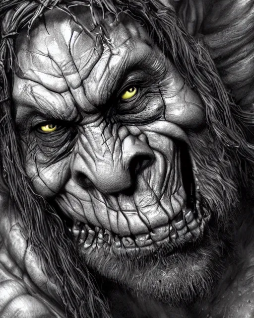 Image similar to orc, hyper realism, fine details, deviantart artstation, extremely detailed, black and white, very sharp, in the style of albrecht durer