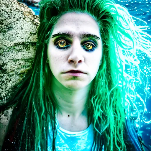 Image similar to Kevin Mitnick as a mermaid, grungy, unkept hair, glowing eyes, modelsociety, radiant skin, huge anime eyes, RTX on, perfect face, directed gaze, intricate, Sony a7R IV, symmetric balance, polarizing filter, Photolab, Lightroom, 4K, Dolby Vision, Photography Award