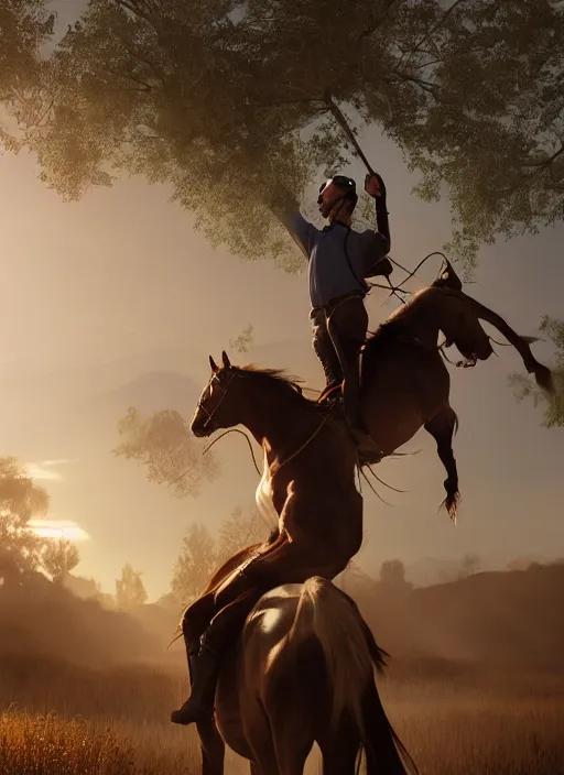 Image similar to man riding horse on shoulders, volumetric lighting, beautiful, golden hour, sharp focus, ultra detailed, cgsociety by leesha hannigan, ross tran, thierry doizon, kai carpenter, ignacio fernandez rios, noir photorealism, film