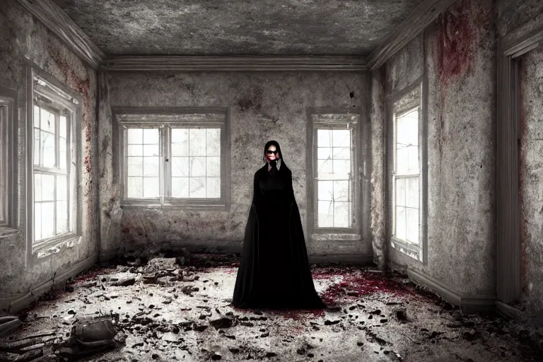 Image similar to A ghostly woman in a long, black victorian dress, standing in the middle of a ruined, abandoned, polish mansion kitchen, seen from inside. Pitch black darkness, A strong red keylight is the only lightsource. Smoke. Dirt, leaves on ground. Octane render. Substance painter. Zbrush. Trending on artstation. 8K. Highly detailed.