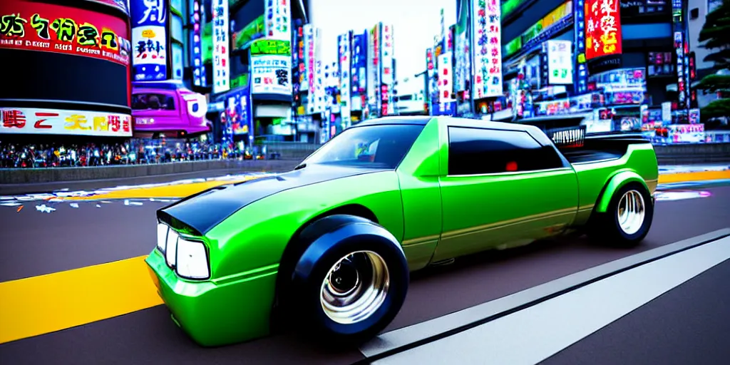 Image similar to anthropomorphic JZX100 twin turbo drift jet engine monster truck drag racer cowboy Cadillac hover-car UFO with cowboy snake facial features speeding in the road, Tokyo prefecture, Japanese architecture, city sunset mist lights, cinematic lighting, photorealistic, detailed alloy wheels, highly detailed purple green snake oil wacky races power ranger bat-mobile transformer car