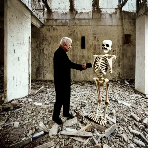 Image similar to an old man shaking hands with a skeleton in an abandoned building, liminal, gothic, eerie, intricate, detailed, award winning photograph, cinestill 8 0 0 t,