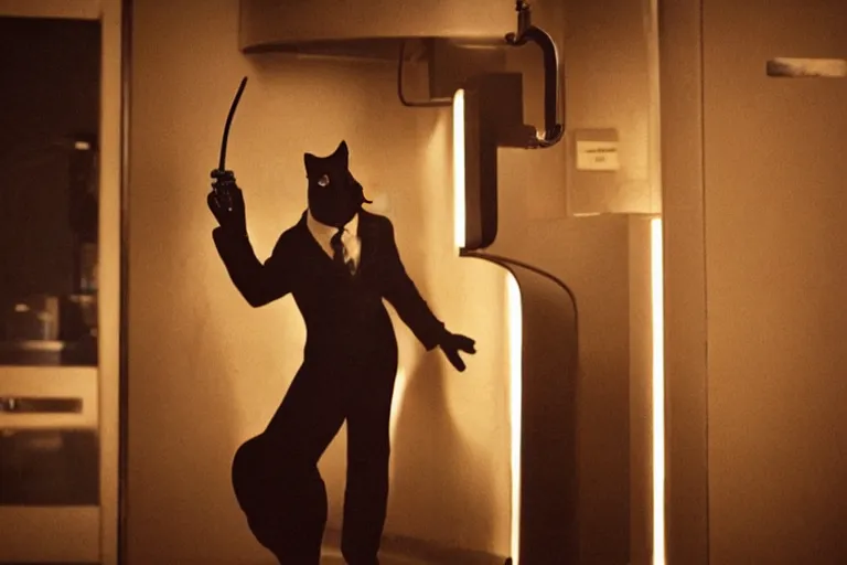 Image similar to film noir film still of a genetically modified anthropomorphic cat detective. neo - noir. directed by ridley scott. neon.