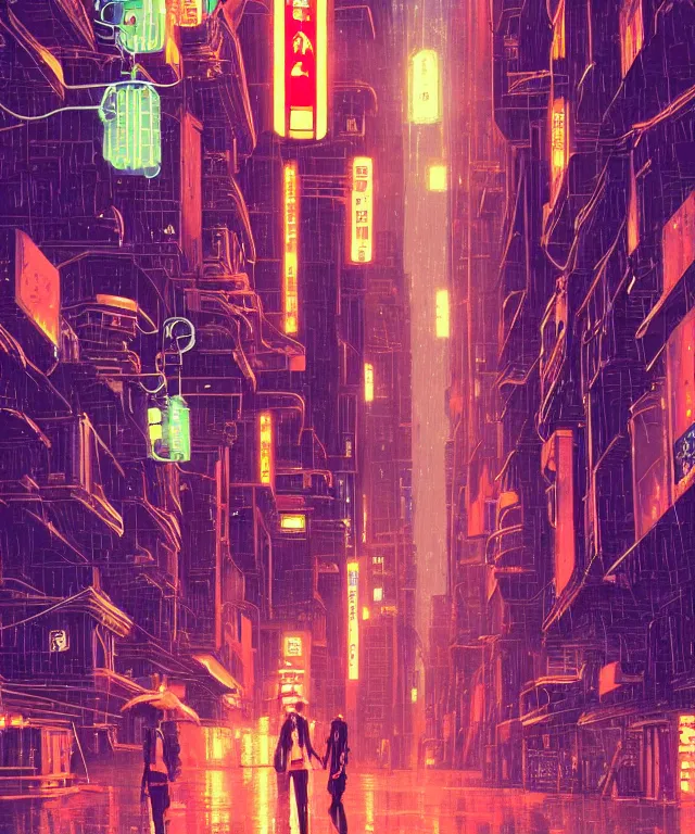 Prompt: big red robot waiting in street from neo tokyo , humid ground, artstation, art by françois schuiten and moebius and pascal campion, disney fantasy style, people and creatures walking holding neon ombrellas, volumetric light, neon lights, bokeh light from top, science fiction elements, lampposts, rainy mood