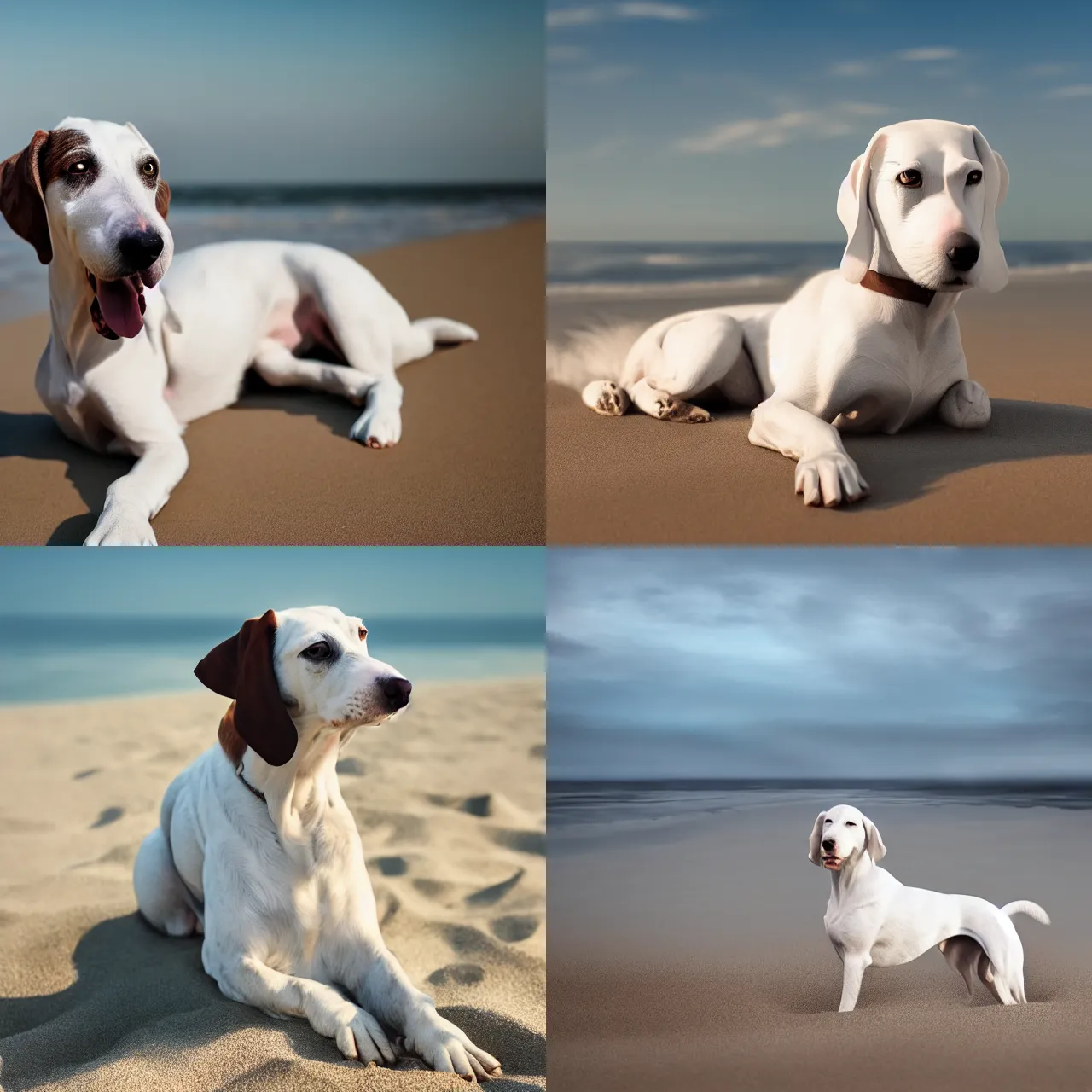 Prompt: white hound dog with dark brown head and one spot on but on the beach, hyper realism, cinematic, volumetric lighting, sunlight, high detail, 8k, depth of field, professional photo, photorealistic,