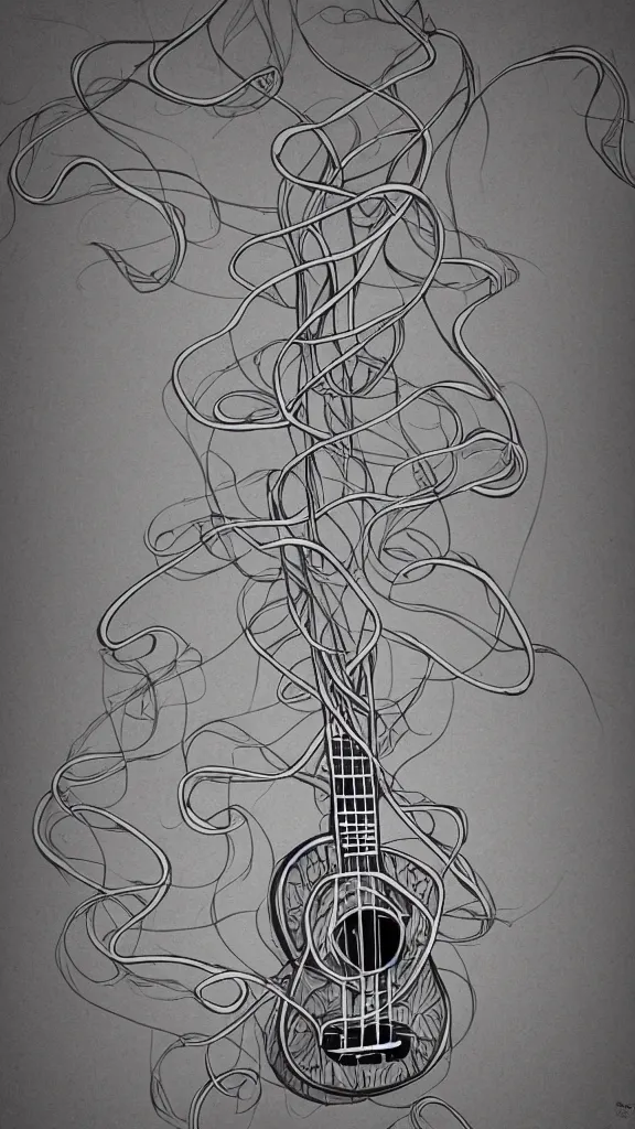 Prompt: a ukulele with long thick vines wrapping around it, fantasy art, art station, grey background,