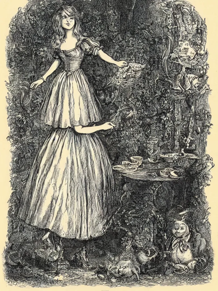 Image similar to Tenniel illustration portrait of Alice, walking in wonderland