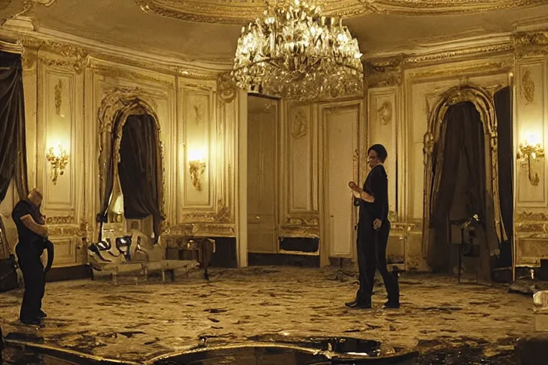 Image similar to cinematography of detectives investigating a crime scene in an decadent palace foyer by Emmanuel Lubezki