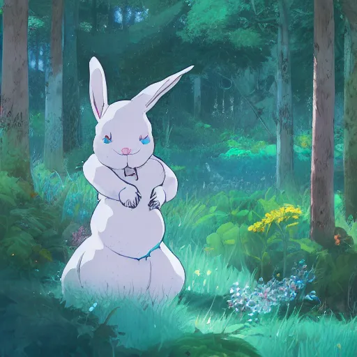 Image similar to concept art painting of a chubby white rabbit wearing a turquoise dress, in the deep forest, realistic, detailed, cel shaded, in the style of makoto shinkai and greg rutkowski and james gurney