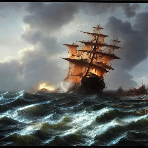 Prompt: An ancient burning ship on a stormy sea, matte painting, highly detailed