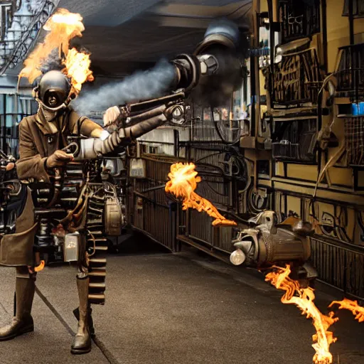 Image similar to long shot photo of a steampunk flamethrower