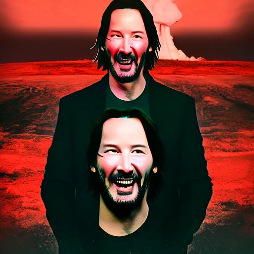 Image similar to keanu reeves with a big smile, nuclear explosion behind him, by beeple, masterpiece,