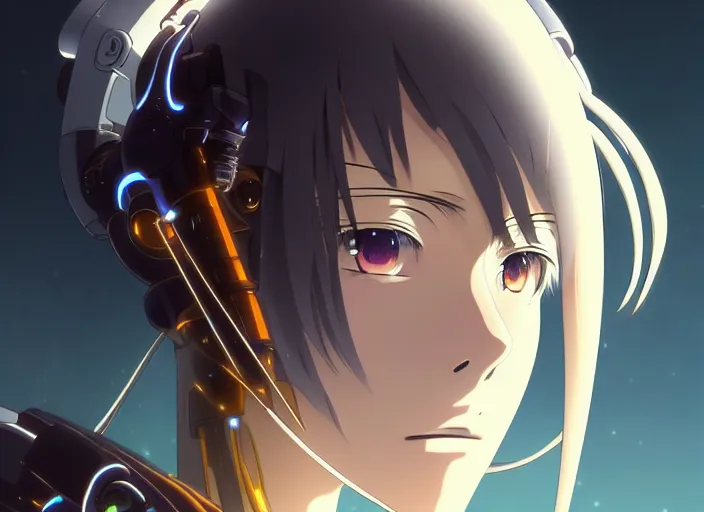 Image similar to a anime portrait of a cyborg woman, finely detailed features, closeup at the face, sharp focus, aesthetically pleasing art, night time city background, cinematic lighting, highly detailed, intricate, smooth, anime!! artstation, trending on pixiv fanbox, painted by greg rutkowski and studio ghibli and yoji shinkawa and hayao miyazaki,