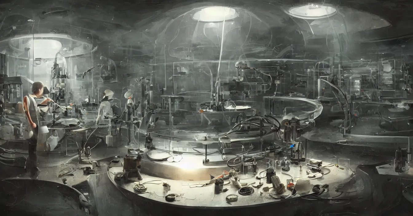 Prompt: engineer repairs broken flying saucer full of modern equipment, in the laboratory full of tools and machines, high detail, realistic characters, volume raytracing fog, wet reflective ground, by james paick, by ilm, by digital domain, by weta digital